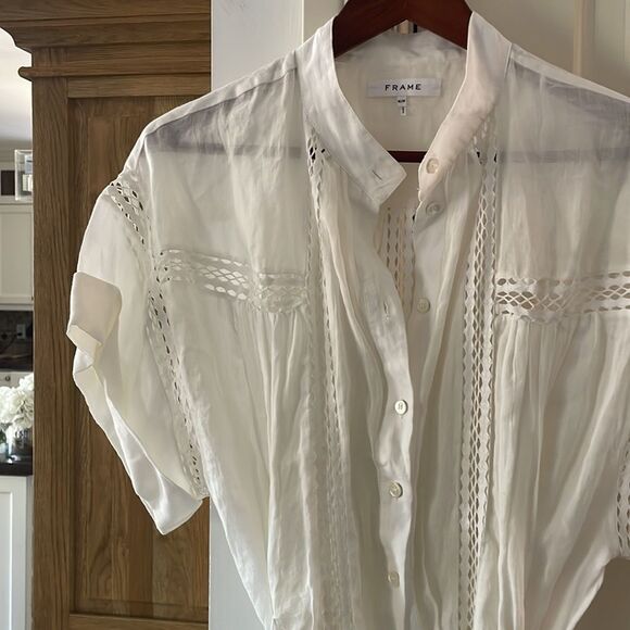 Frame button up short sleeve white with crochet belted dress medium - Picture 7 of 16
